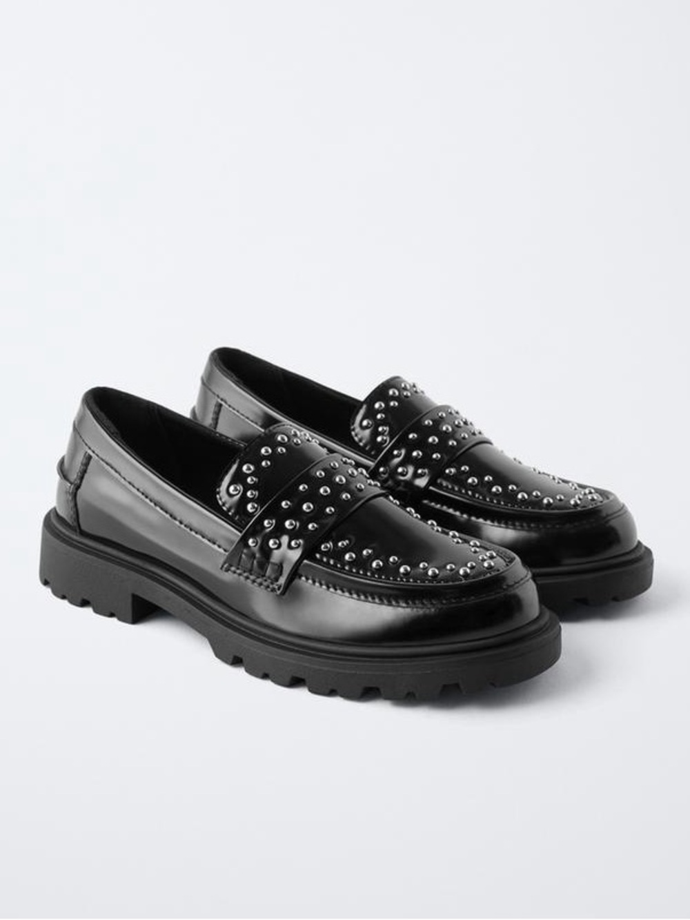 Zara Kids Studded Black Leather Chunky Loafers